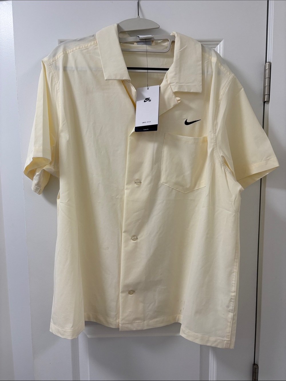 Nike Men's dryfitShort-Sleeve Camp Collar Shirt-Pale Yellow with Black Swoosh